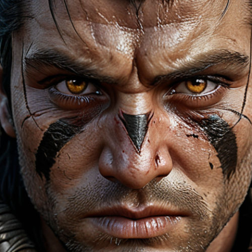 Home 15 **Warrior Character:** A strong warrior with scars on their face, but with gentle, warm eyes. The focus is on contrasting their tough exterior with a sensitive inner spirit.