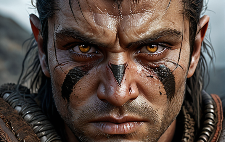 **Warrior Character:** A strong warrior with scars on their face, but with gentle, warm eyes. The focus is on contrasting their tough exterior with a sensitive inner spirit.