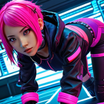 **

"A vibrant, energetic anime-style character design, set in a futuristic Hanoi. The character is a young female hacker with bright pink hair and cyberpunk clothing. Focus on dynamic posing and detailed tech accessories."

**