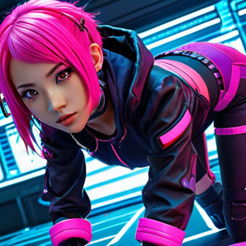 Home 14 **
"A vibrant, energetic anime-style character design, set in a futuristic Hanoi. The character is a young female hacker with bright pink hair and cyberpunk clothing. Focus on dynamic posing and detailed tech accessories."
**