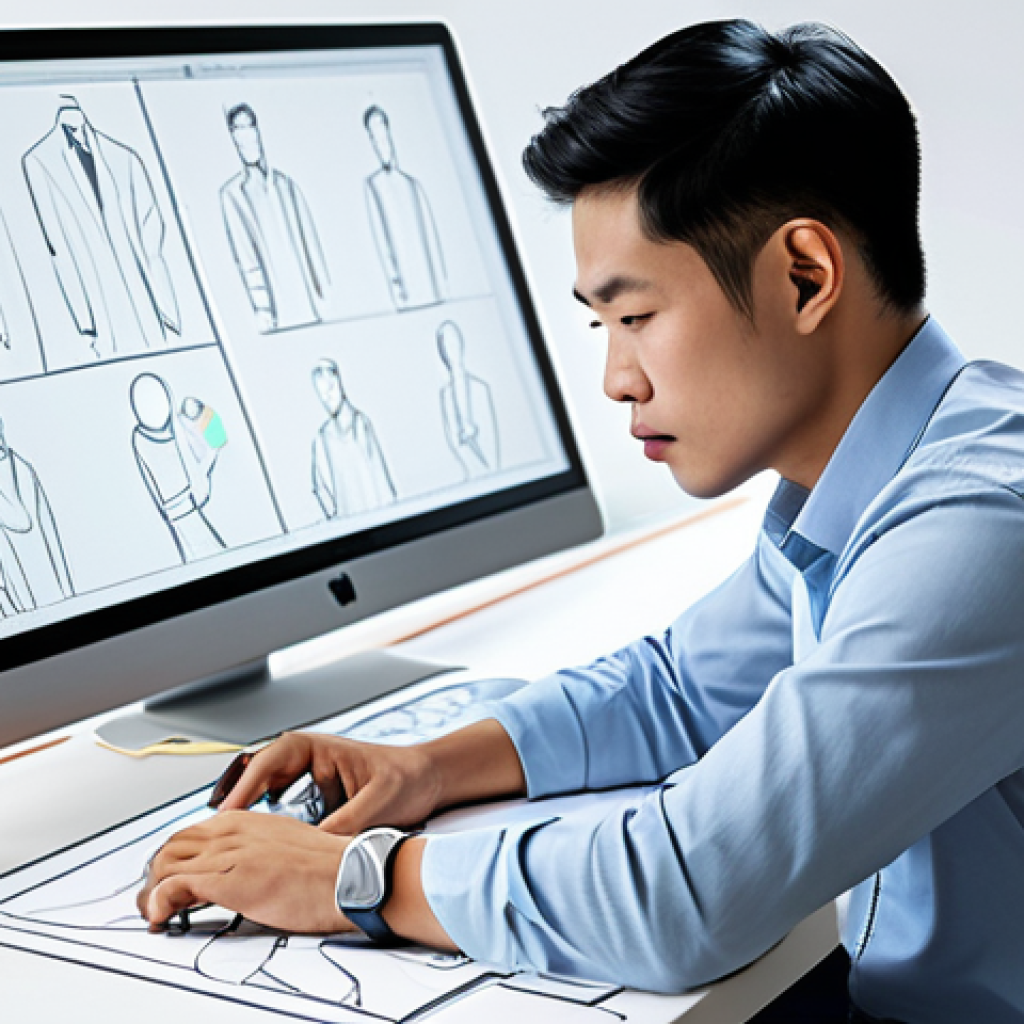 A professional Vietnamese male character designer, in modest business casual attire, intently working at a sleek, modern desk in a brightly lit, minimalist studio. He is focused on a large digital drawing tablet, while a display screen in the background showcases a clear progression of character design, from initial rough sketches and refined line art to vibrant color studies and a stunning final rendered character illustration. The scene highlights creativity and a structured design process, professional dress, fully clothed, appropriate attire, safe for work, perfect anatomy, correct proportions, natural pose, well-formed hands, proper finger count, natural body proportions, high quality professional photography.