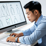 A professional Vietnamese male character designer, in modest business casual attire, intently working at a sleek, modern desk in a brightly lit, minimalist studio. He is focused on a large digital drawing tablet, while a display screen in the background showcases a clear progression of character design, from initial rough sketches and refined line art to vibrant color studies and a stunning final rendered character illustration. The scene highlights creativity and a structured design process, professional dress, fully clothed, appropriate attire, safe for work, perfect anatomy, correct proportions, natural pose, well-formed hands, proper finger count, natural body proportions, high quality professional photography.