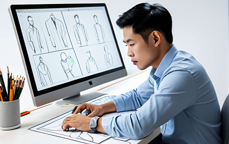 A professional Vietnamese male character designer, in modest business casual attire, intently working at a sleek, modern desk in a brightly lit, minimalist studio. He is focused on a large digital drawing tablet, while a display screen in the background showcases a clear progression of character design, from initial rough sketches and refined line art to vibrant color studies and a stunning final rendered character illustration. The scene highlights creativity and a structured design process, professional dress, fully clothed, appropriate attire, safe for work, perfect anatomy, correct proportions, natural pose, well-formed hands, proper finger count, natural body proportions, high quality professional photography.