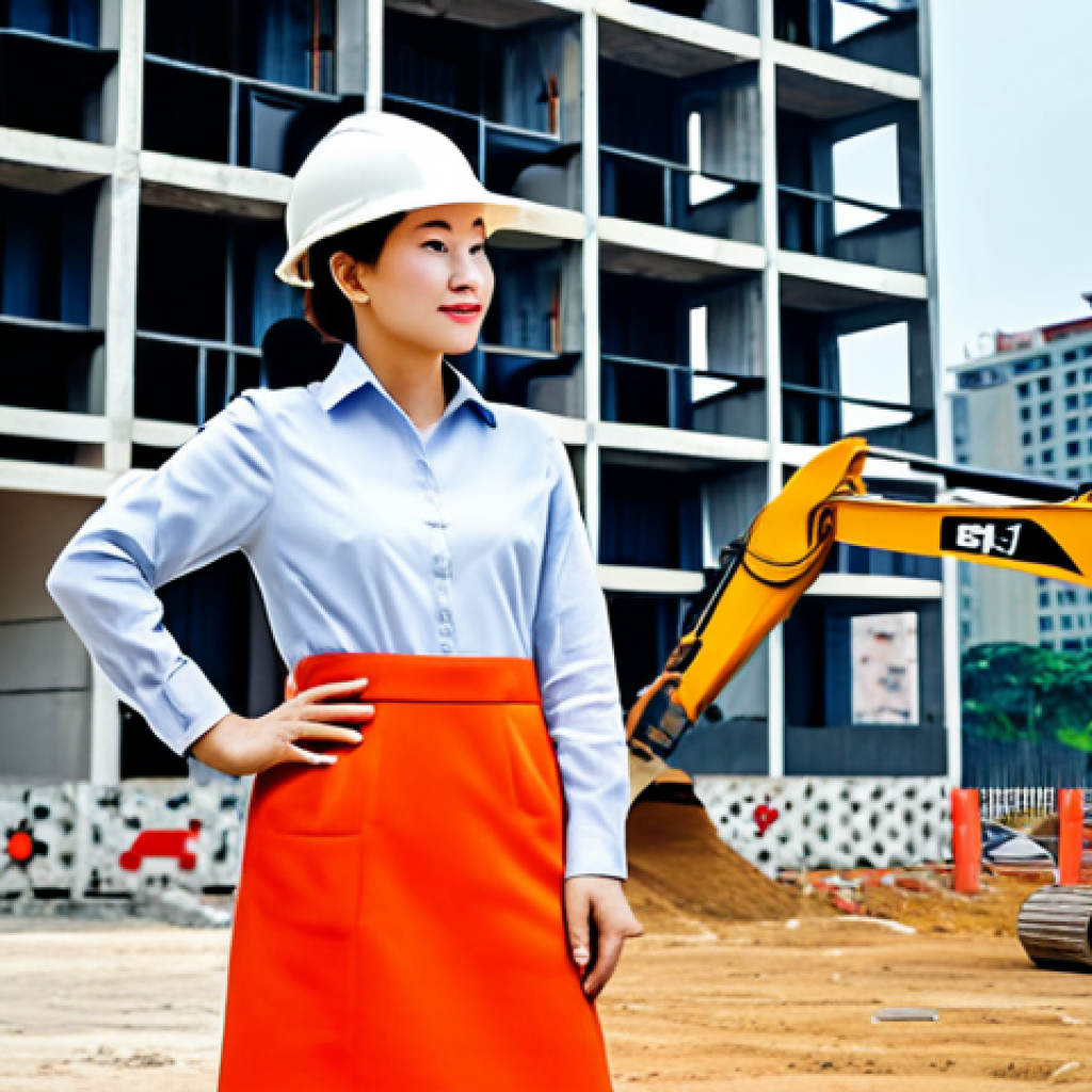 **

"A professional female architect in a modest, stylish dress and hard hat, standing on a construction site in Ho Chi Minh City, Vietnam. Background includes modern buildings and construction equipment. Fully clothed, appropriate attire, safe for work, perfect anatomy, correct proportions, professional photography, high quality."

**