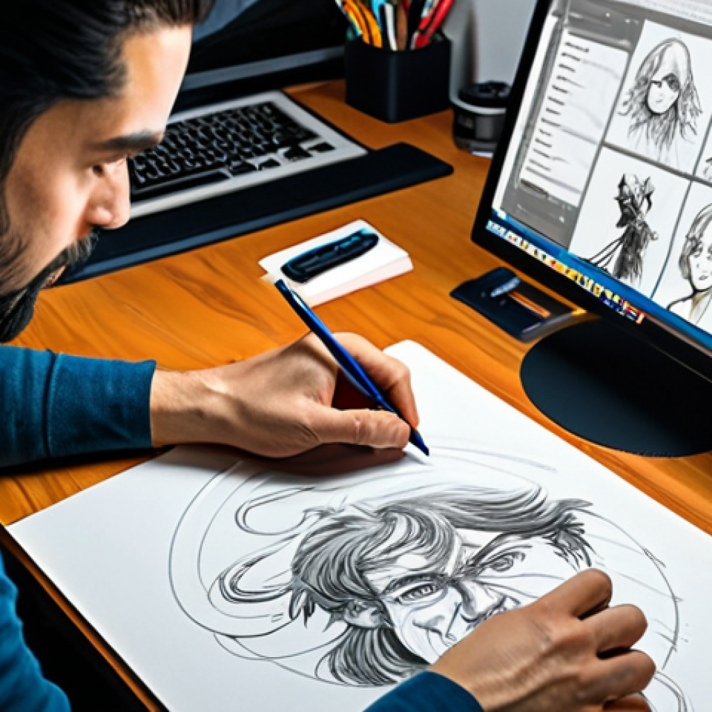 **

"A professional-looking, fully clothed character designer at their brightly lit workstation, sketching a fantasy character design. The desk is filled with art supplies and reference materials. Style: Clean, modern, digital art, perfect anatomy, appropriate content, safe for work, professional, well-formed hands, proper finger count, natural body proportions."

**