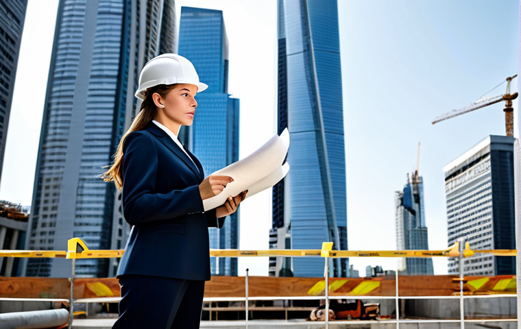 Professional Setting**
"A confident female architect, fully clothed in a modern, modest pantsuit, reviewing blueprints on a construction site with skyscrapers in the background, wearing a hard hat, appropriate attire, safe for work, perfect anatomy, natural proportions, professional architectural photography, high quality."
**