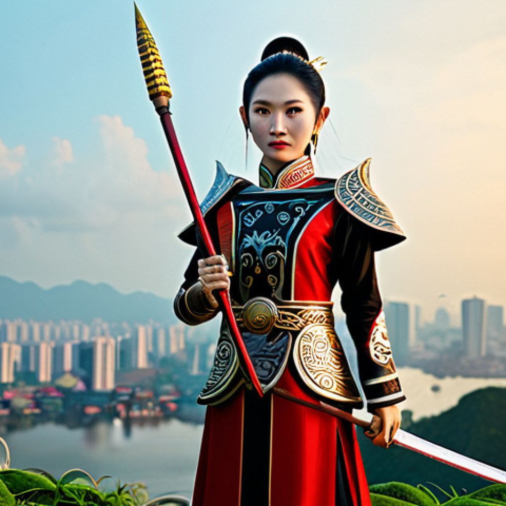 캐릭터 디자인과 문화적 다양성 표현 - Modern Vietnamese Warrior-Scholar**
"A full-body portrait of a fierce yet elegant Vietnamese female...