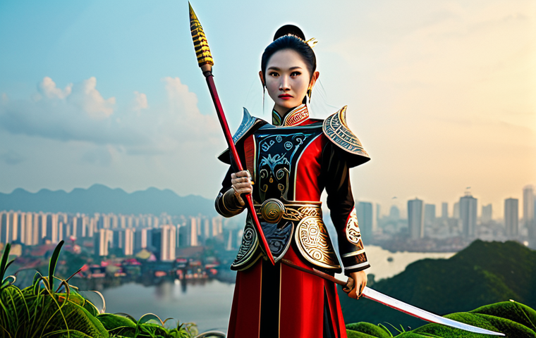 캐릭터 디자인과 문화적 다양성 표현 - Modern Vietnamese Warrior-Scholar**
"A full-body portrait of a fierce yet elegant Vietnamese female...