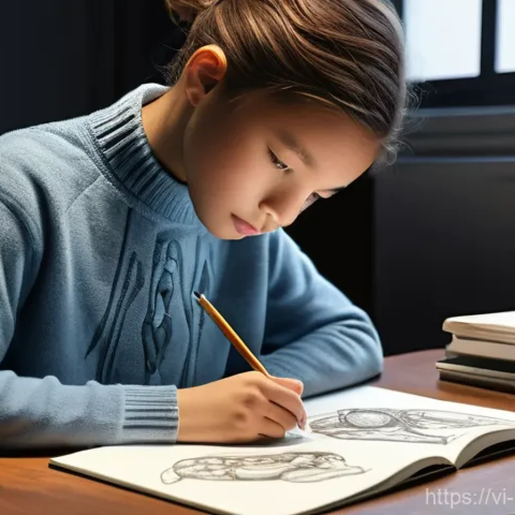 캐릭터 디자인 독학으로 취업 성공기 - **Prompt:** A young, aspiring character designer, male or female, diligently studying at a well-orga...