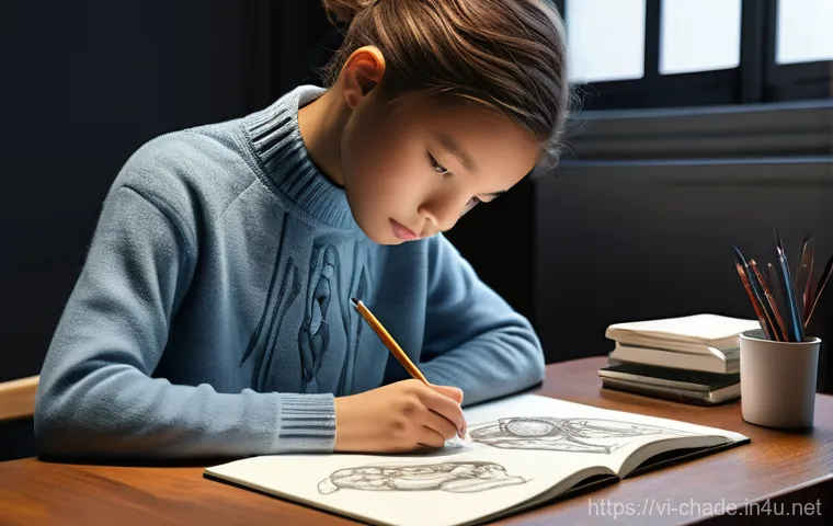 캐릭터 디자인 독학으로 취업 성공기 - **Prompt:** A young, aspiring character designer, male or female, diligently studying at a well-orga...