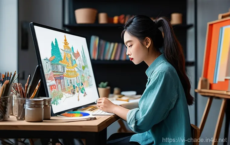 캐릭터 디자인 독학으로 취업 성공기 - **Prompt:** A young, aspiring character designer, male or female, diligently studying at a well-orga...