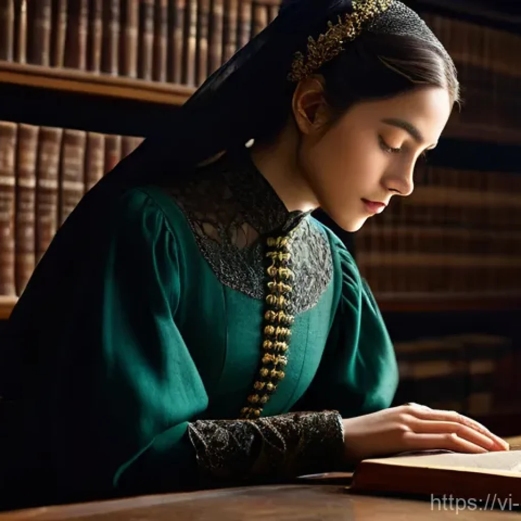 캐릭터 디자인의 창작 과정 - **Prompt 1: The Veiled Scholar**
A young woman in her late 20s, with a serious and intelligent e...