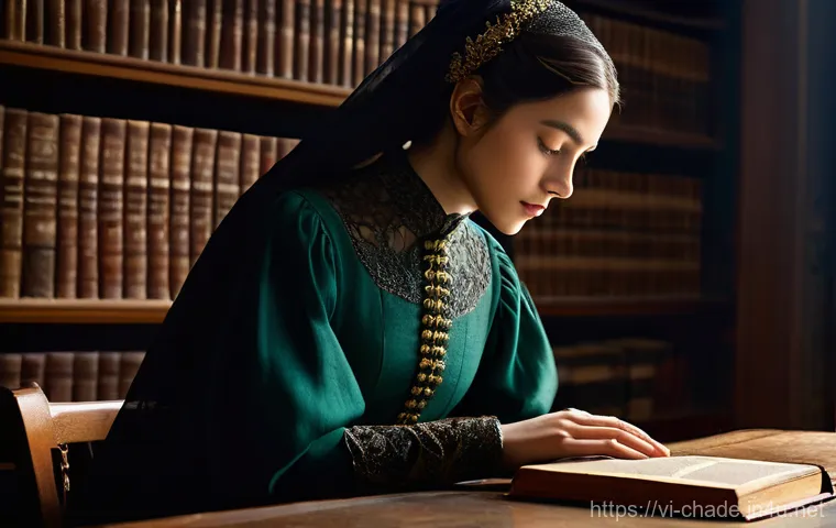 캐릭터 디자인의 창작 과정 - **Prompt 1: The Veiled Scholar**
A young woman in her late 20s, with a serious and intelligent e...