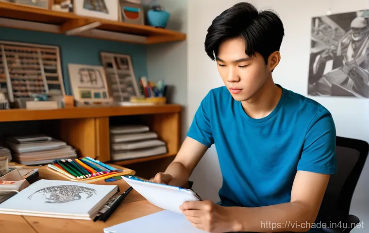 캐릭터 디자인 관련 직업 유형 - **"The Genesis of a Character"**: A young Vietnamese character designer, male, sits at a spacious, o...