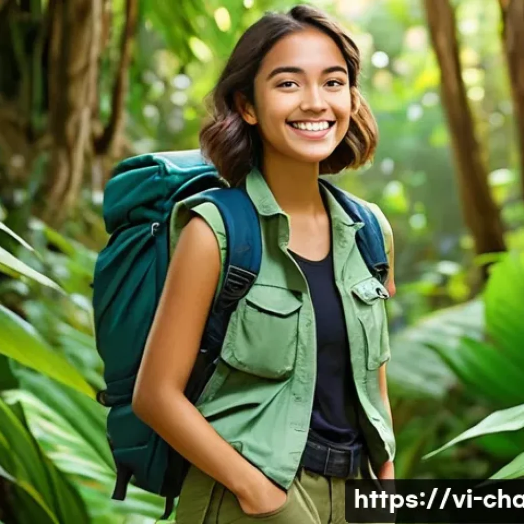 캐릭터 디자인의 비주얼 언어 응용 - **Prompt:** A cheerful, young female adventurer, around 18 years old, stands confidently on a sun-dr...
