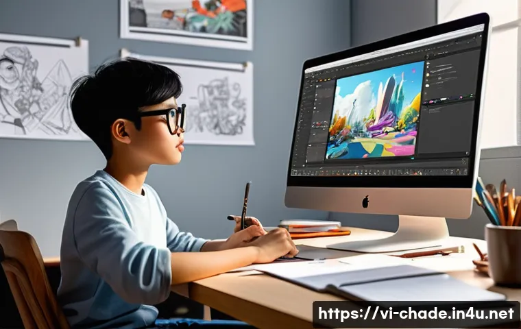 캐릭터 디자인 포트폴리오 퀄리티 업그레이드 - A professional character designer's workspace showcasing a diverse portfolio spread across a modern ...