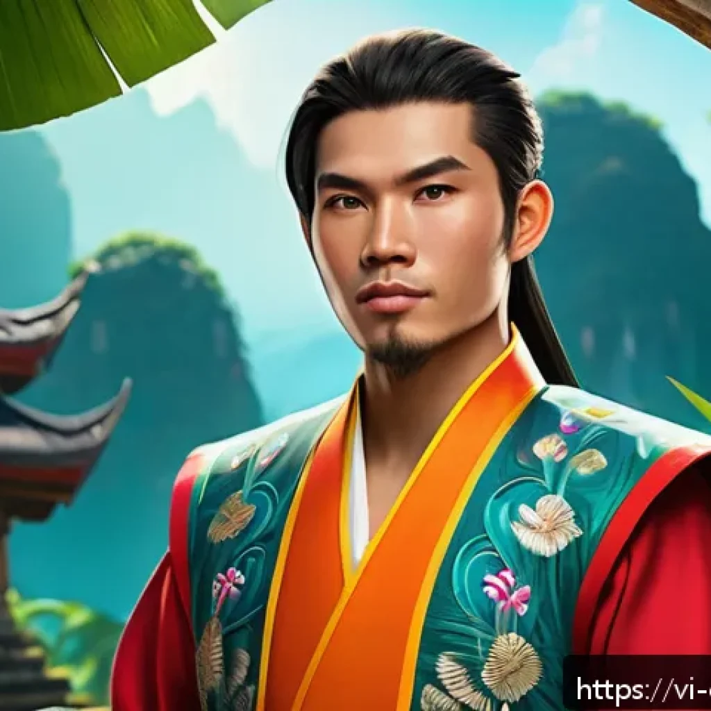 캐릭터 디자인 수익 모델 탐구 - A vibrant character design for an indie Vietnamese game, showcasing a young, dynamic hero wearing tr...