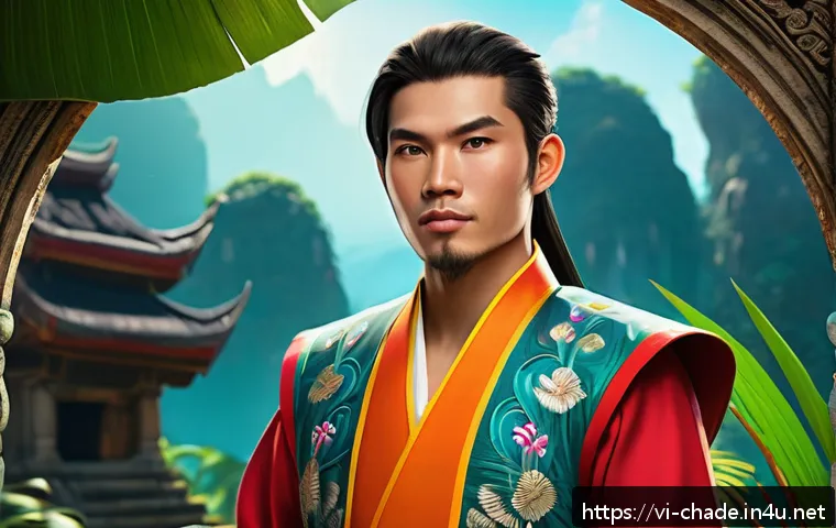 캐릭터 디자인 수익 모델 탐구 - A vibrant character design for an indie Vietnamese game, showcasing a young, dynamic hero wearing tr...