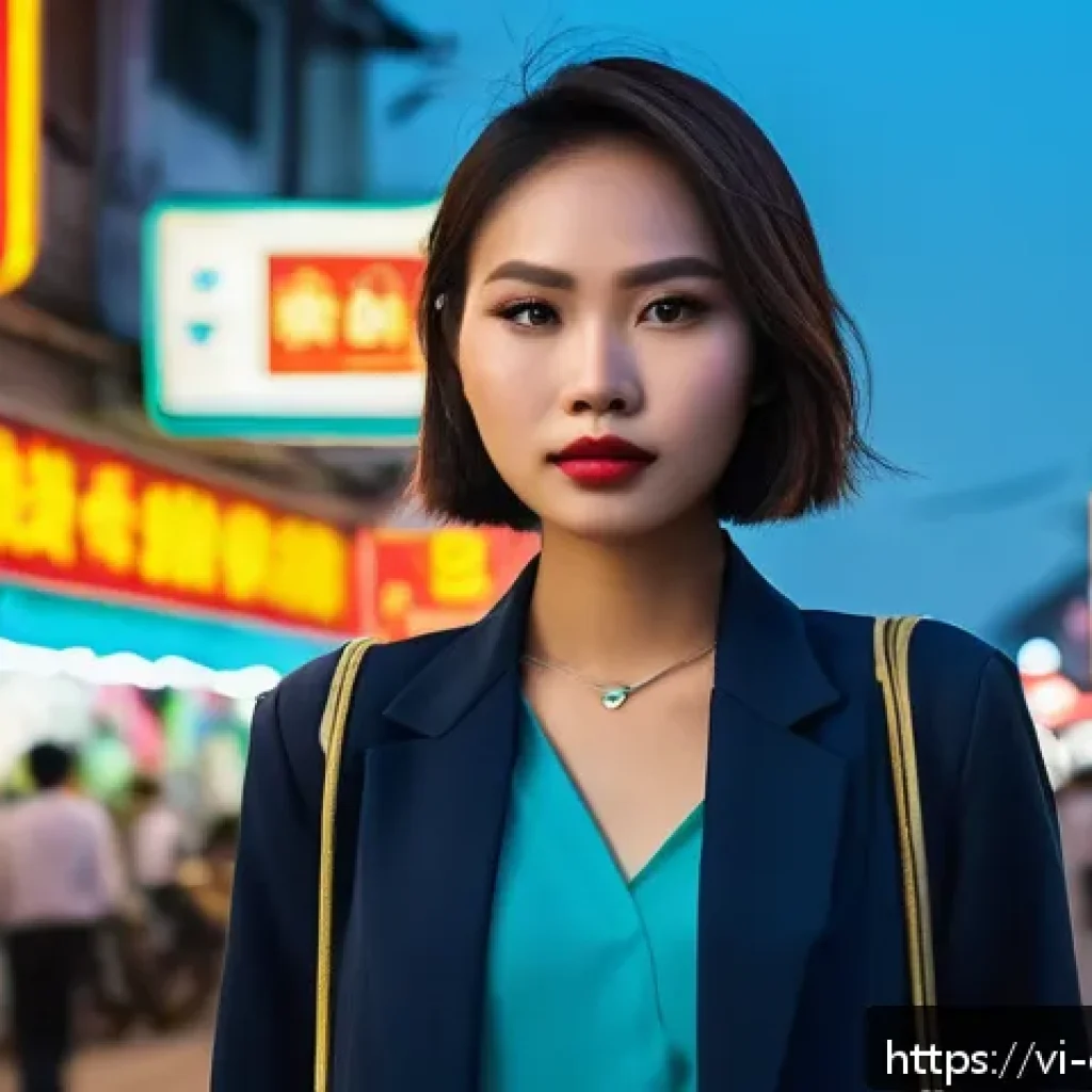 캐릭터 디자인에서 스토리 개발 방법 - A confident young Vietnamese woman standing in a bustling modern Ho Chi Minh City street at dusk, we...