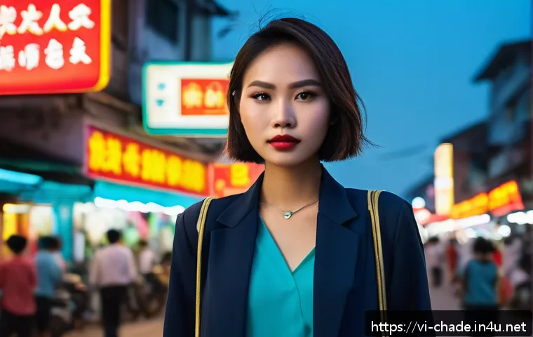 캐릭터 디자인에서 스토리 개발 방법 - A confident young Vietnamese woman standing in a bustling modern Ho Chi Minh City street at dusk, we...
