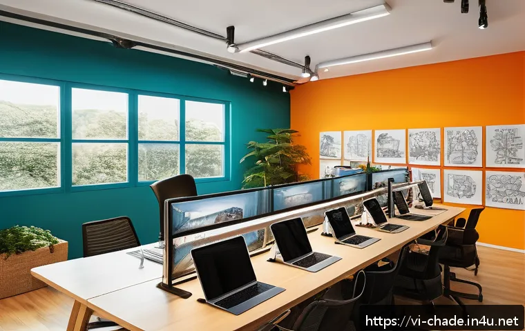 캐릭터 디자인 팀워크 향상 방법 - A vibrant creative workspace featuring a diverse team of character designers collaborating actively ...
