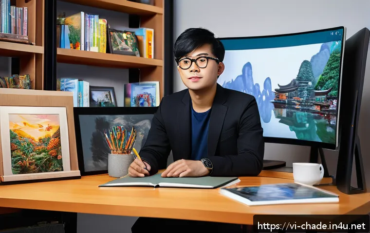 캐릭터 디자인 해외 취업 준비 과정 - A professional character designer workspace featuring a diverse portfolio on a sleek computer screen...