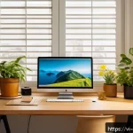 Home 22 캐릭터 디자인 작업 환경 세팅 - A bright and cozy home workspace designed for a character designer, featuring a large wooden desk po...