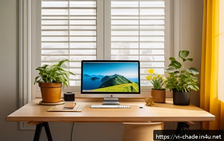 캐릭터 디자인 작업 환경 세팅 - A bright and cozy home workspace designed for a character designer, featuring a large wooden desk po...