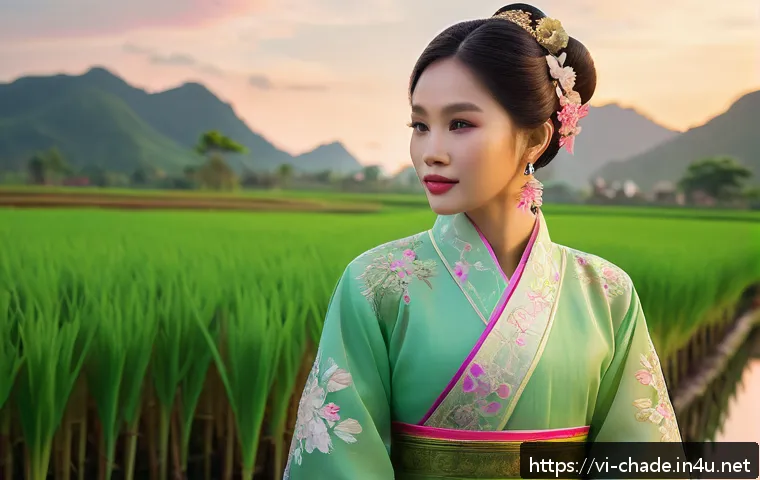 캐릭터 디자인 입시 포트폴리오 준비 사례 - A charming Vietnamese folklore-inspired female character wearing traditional áo dài with intricate f...