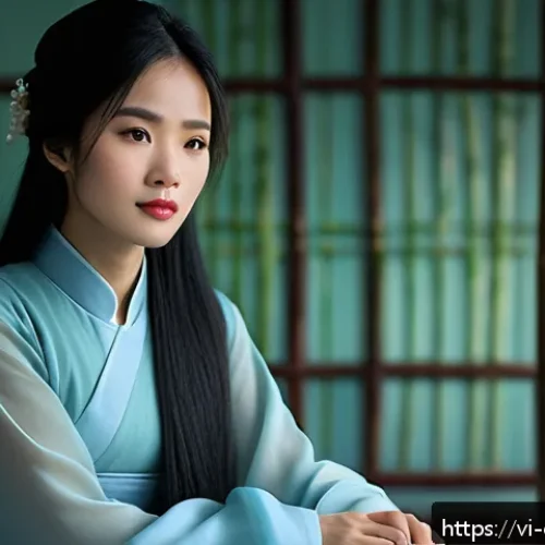 Home 30 캐릭터 디자인 졸업 작품 사례 - A Vietnamese young female character with a contemplative personality, wearing a modern Ao Dai in sof...