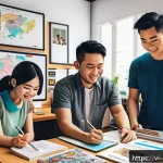 Home 23 캐릭터 디자인 커뮤니티 추천 - A vibrant and diverse group of Vietnamese character designers collaborating in a cozy, modern digita...
