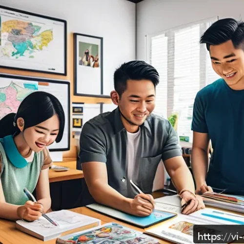 Home 17 캐릭터 디자인 커뮤니티 추천 - A vibrant and diverse group of Vietnamese character designers collaborating in a cozy, modern digita...