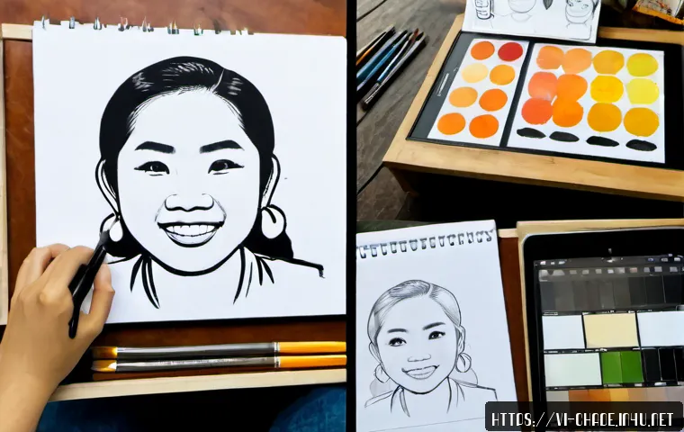 Home 17 캐릭터 디자인과 일러스트 차이점 - Photorealistic overhead view of a Vietnamese creative professional’s tidy studio desk, split composi...