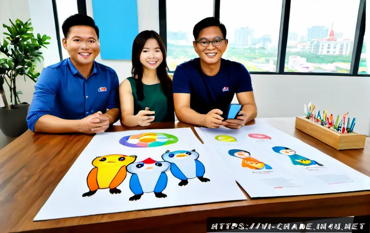 캐릭터 디자인 및 마케팅 협업 사례 - Photorealistic creative collaboration in a modern Ho Chi Minh City marketing studio, Vietnamese char...