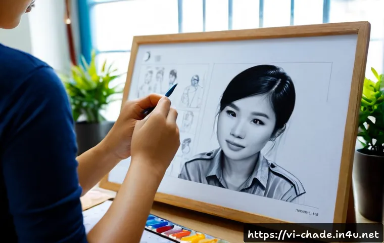 캐릭터 디자인에서 실수 줄이는 방법 - Photorealistic over-the-shoulder view of a Vietnamese character designer at a tidy creative studio d...