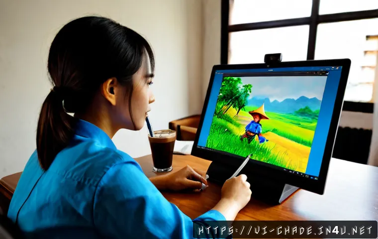 캐릭터 디자인의 디지털 툴 활용 사례 - Photorealistic creative studio scene in Ho Chi Minh City, Vietnamese character designer using a pen ...