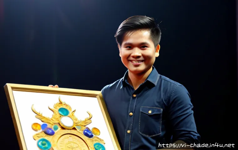 Home 17 캐릭터 디자인 공모전 수상 사례 - Photorealistic young Vietnamese character designer receiving a polished gold trophy at a contemporar...