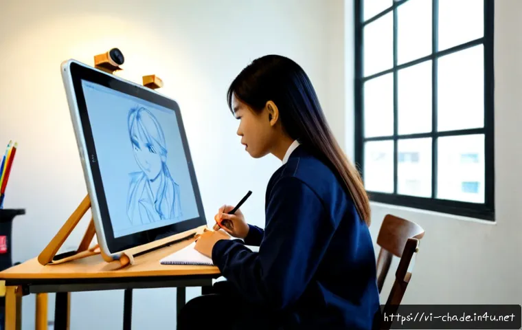 캐릭터 디자인 관련 코스 및 학원 - Photorealistic Vietnamese character design academy classroom, young adult student sketching an origi...
