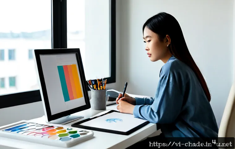캐릭터 디자인 실무에서 자주 묻는 질문 - Photorealistic Vietnamese character designer at a clean modern studio desk, reviewing expressive cha...